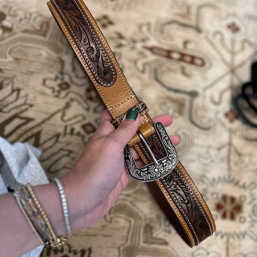 Western Brown and Tan Leather Belt with Silver Buckle